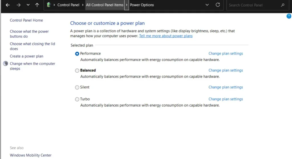 PC control panel power option selection window