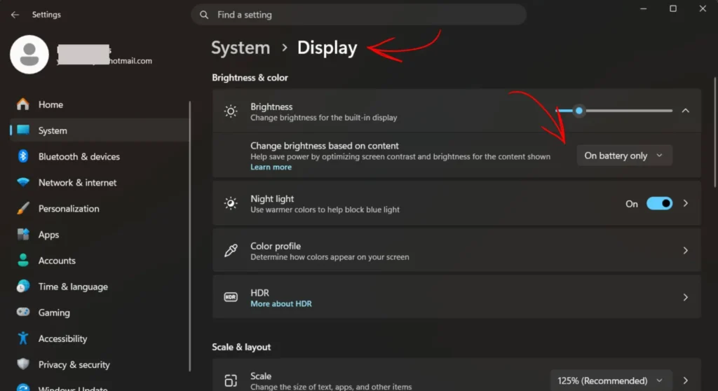 PC's Display  brightness adjusting setting view opened in a setting window