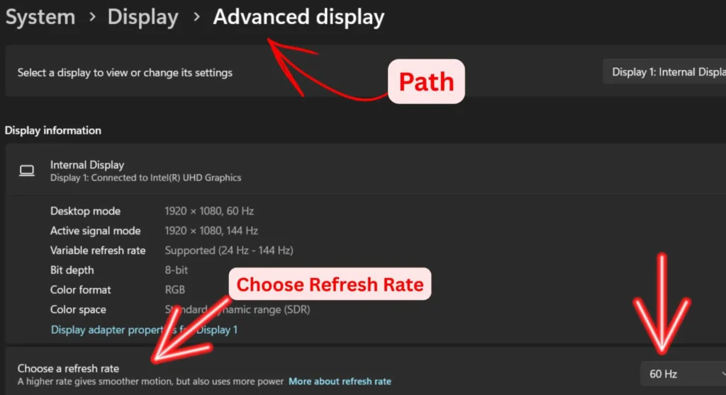 PC's advanced display setting window
