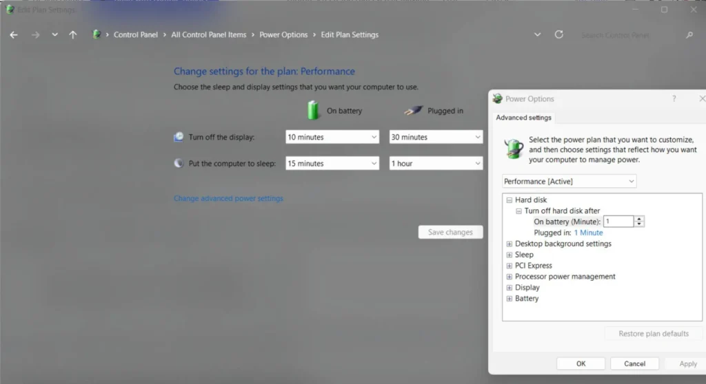 PC's advanced power setting window in the control panel