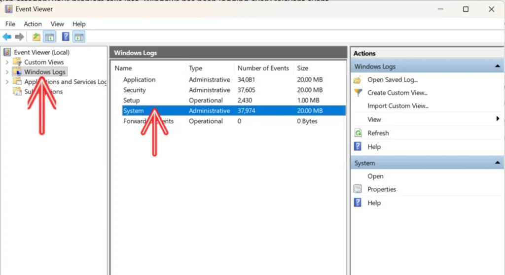 PC's event viewer window in Microsoft windows 11 OS