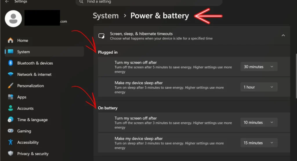 PC's system setting window with screen sleep and hibernate timeouts settings