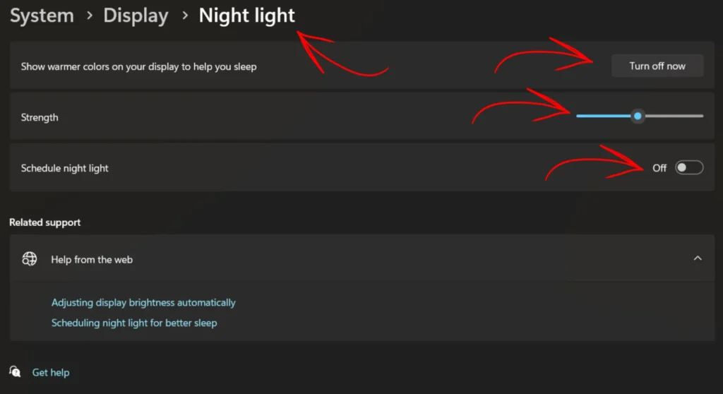 Pc settings for system display night light adjustments