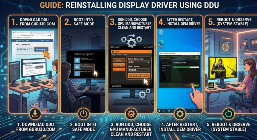 Re-installing display driver using DDU steps in one splitted image