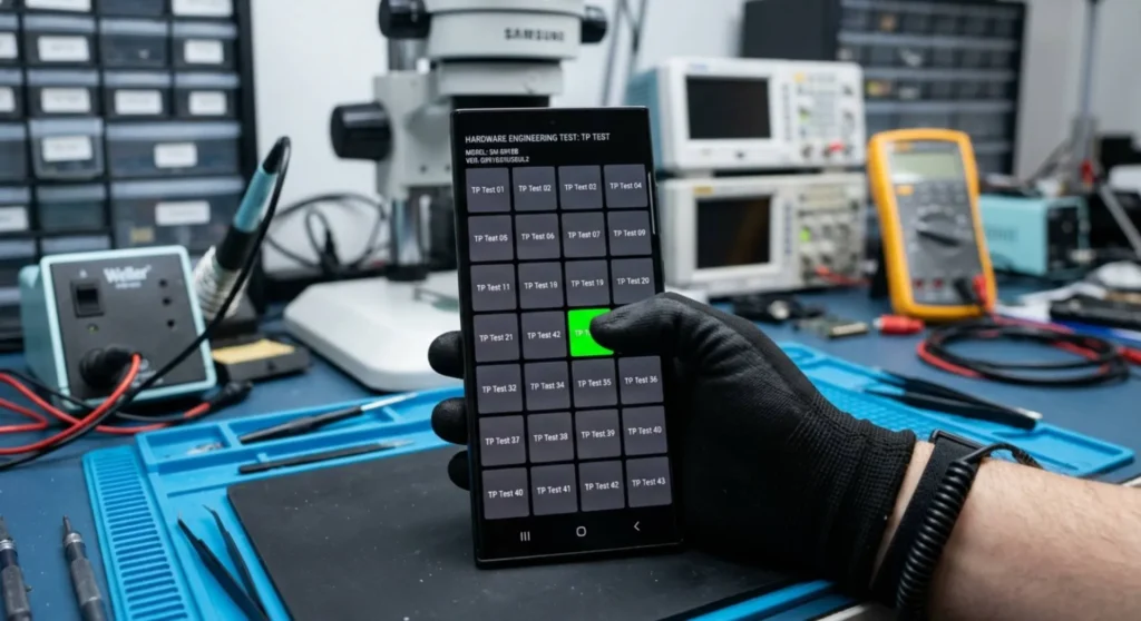 Running a full hardware touchscreen sensor panel calibration test using a manufacturer service dialer code menu
