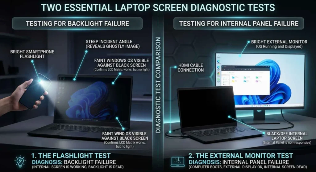 Screen diagnostic diagram illustrating the laptop flashlight test for backlight failure and external monitor test for GPU isolation