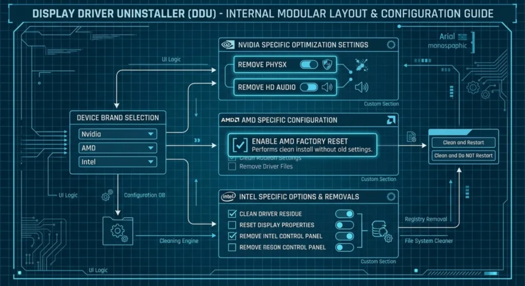 Software configuration diagram highlighting specific DDU cleaning options for Nvidia, AMD, and Intel graphic card architectures