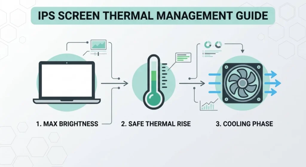 Step-by-step diagram illustrating the safe thermal cycling protocol to accelerate liquid crystal alignment relaxation on IPS panels