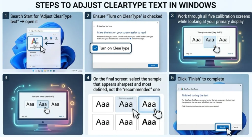Steps to adjust cleartype text in windows in one splitted image