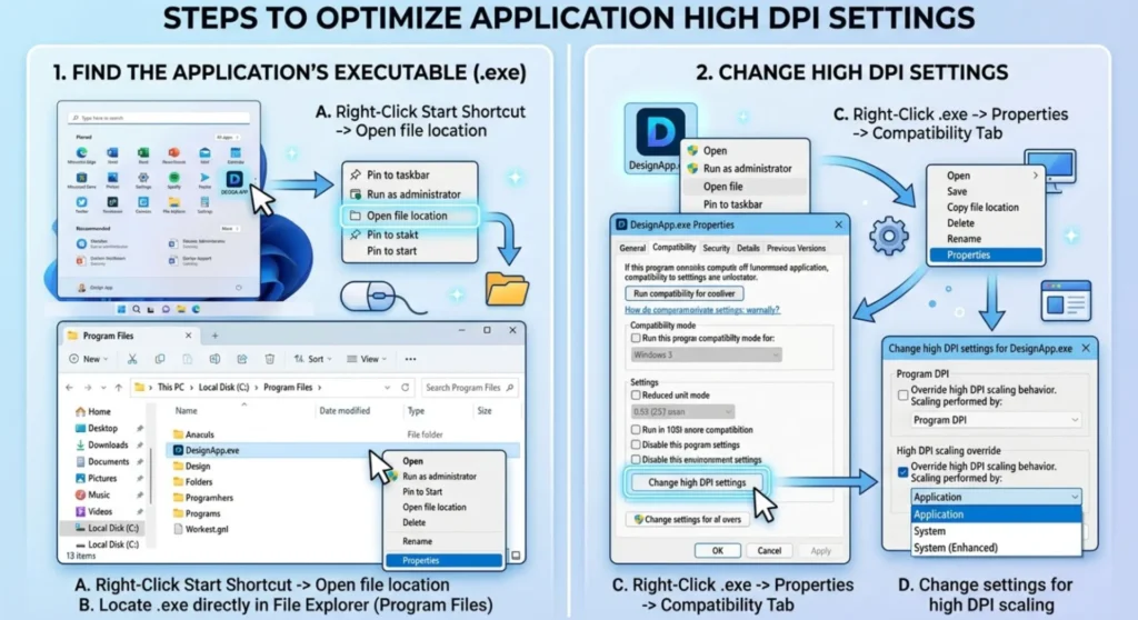 Steps to optimize application high DPI settings in a one splitted image