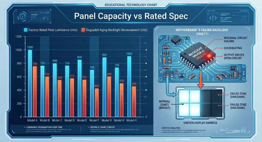 Technical chart showing the measurement gap between rated panel nits and an aging laptop screen backlight or failing driver IC