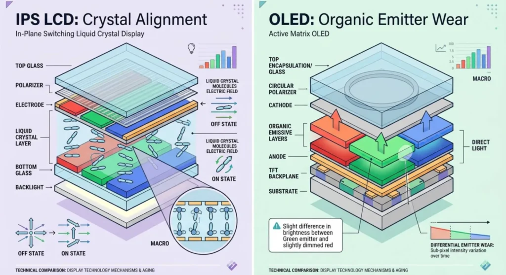 Technical comparison diagram illustrating the difference between IPS LCD liquid crystal alignment retention and OLED organic emitter luminance degradation