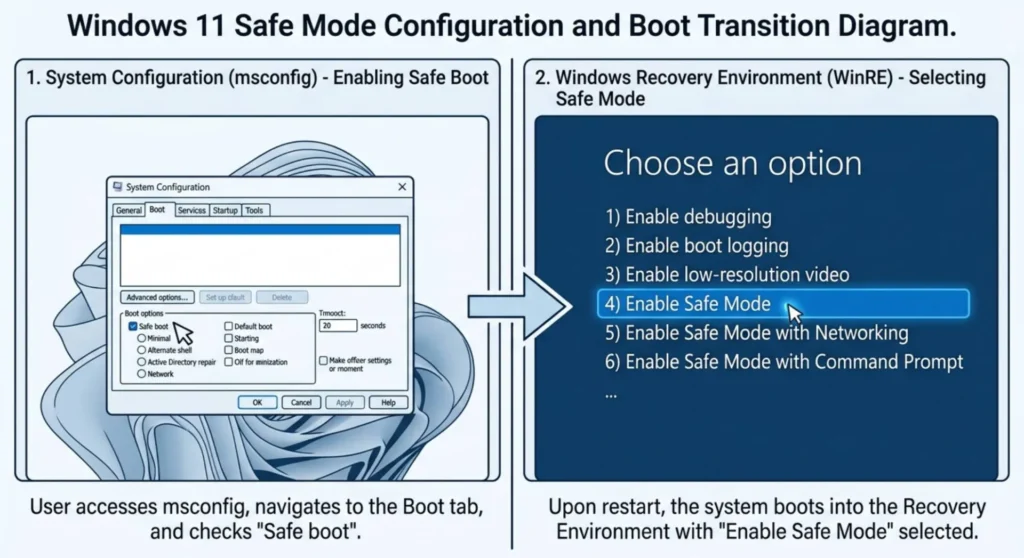 Technical comparison diagram showing how to boot Windows into Safe Mode via msconfig and Windows Recovery Environment screens