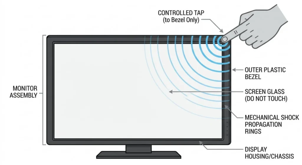 Technical diagram demonstrating the monitor bezel tapping method to send a mechanical shockwave to dislodge a locked screen crystal