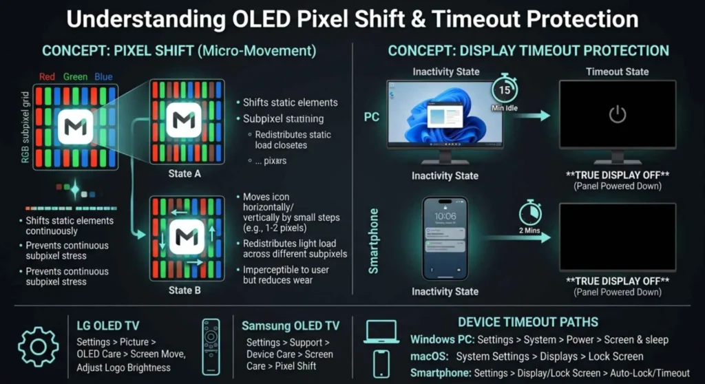 Technical diagram explaining OLED Pixel Shift micro-movements and display timeout protection states to prevent screen burn-in on monitors, TVs, and smartphones