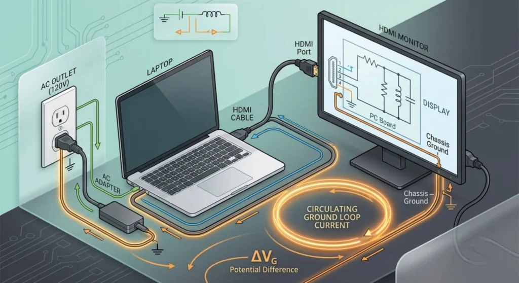 Technical diagram illustrating a ground loop path between an AC grounded laptop charger and an external desktop monitor running through the HDMI connection