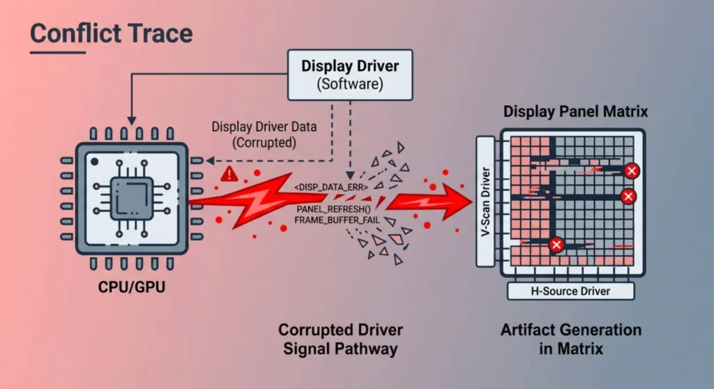 Technical diagram illustrating display driver signal conflict between a smartphone processor and screen matrix following an OTA update