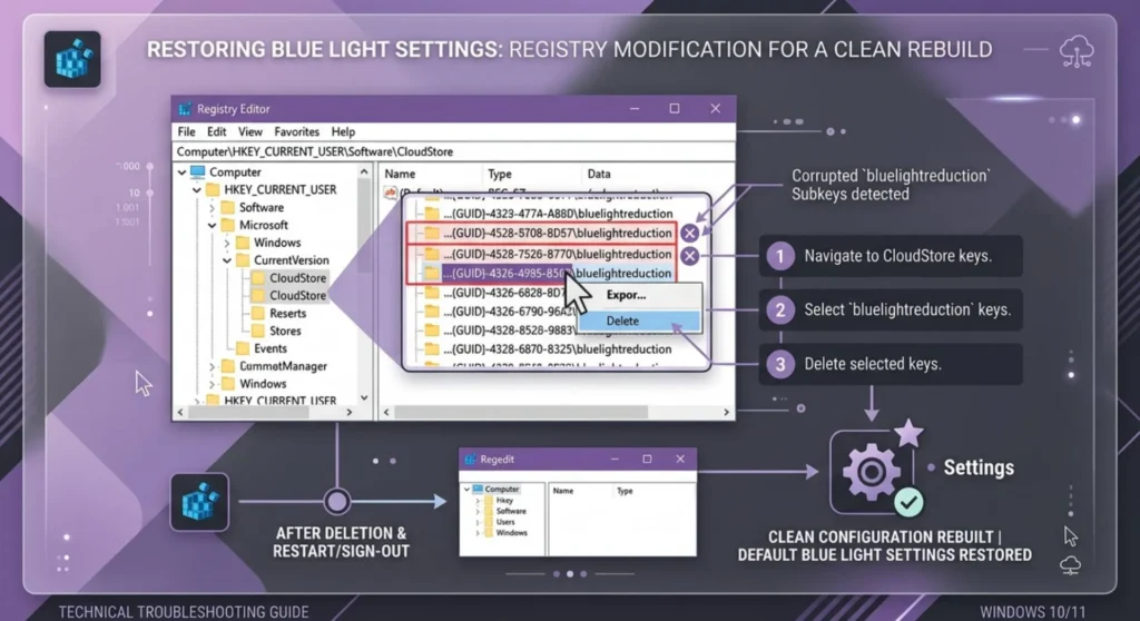 Technical diagram illustrating how to safely delete corrupted bluelightreduction keys in the Windows Registry to completely reset Night Light data