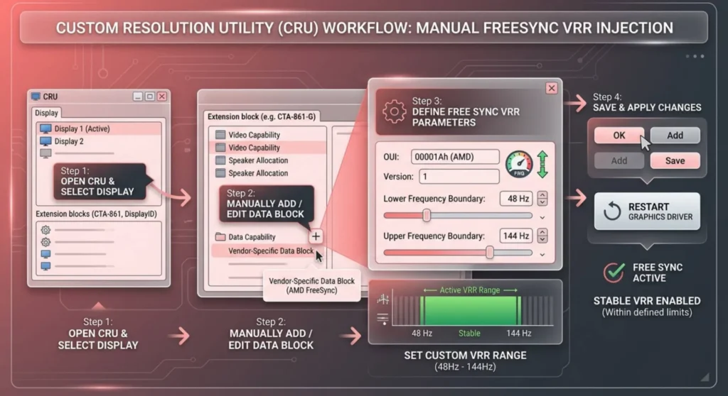 Technical diagram illustrating the CRU workaround to edit monitor EDID data blocks and force a custom FreeSync VRR range in AMD Radeon software