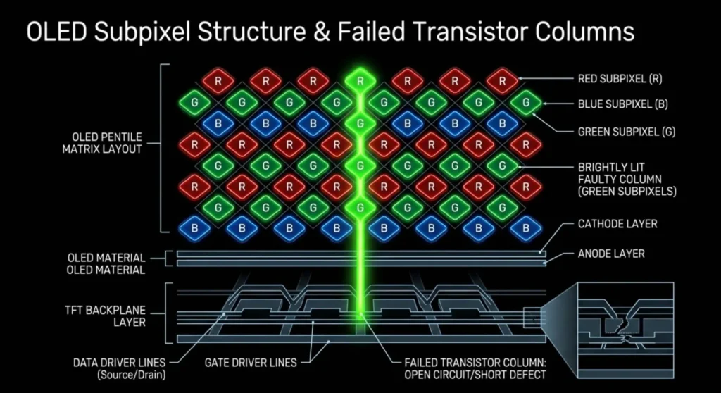 Technical diagram showing an OLED PenTile subpixel matrix with a failed TFT transistor column creating a vertical green line defect