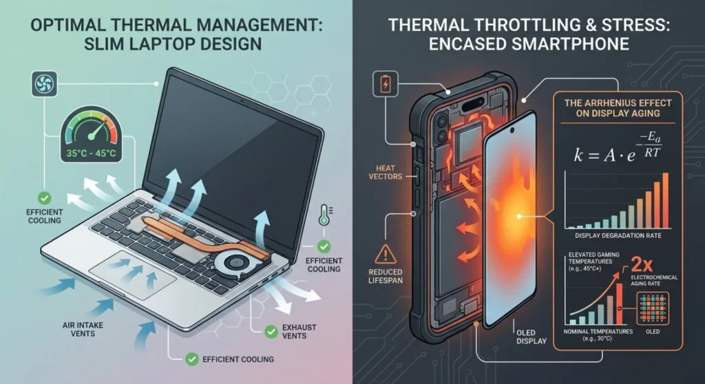 Technical diagram showing display thermal stress, illustrating laptop backlight cooling versus smartphone AMOLED accelerated emitter aging due to heat retention