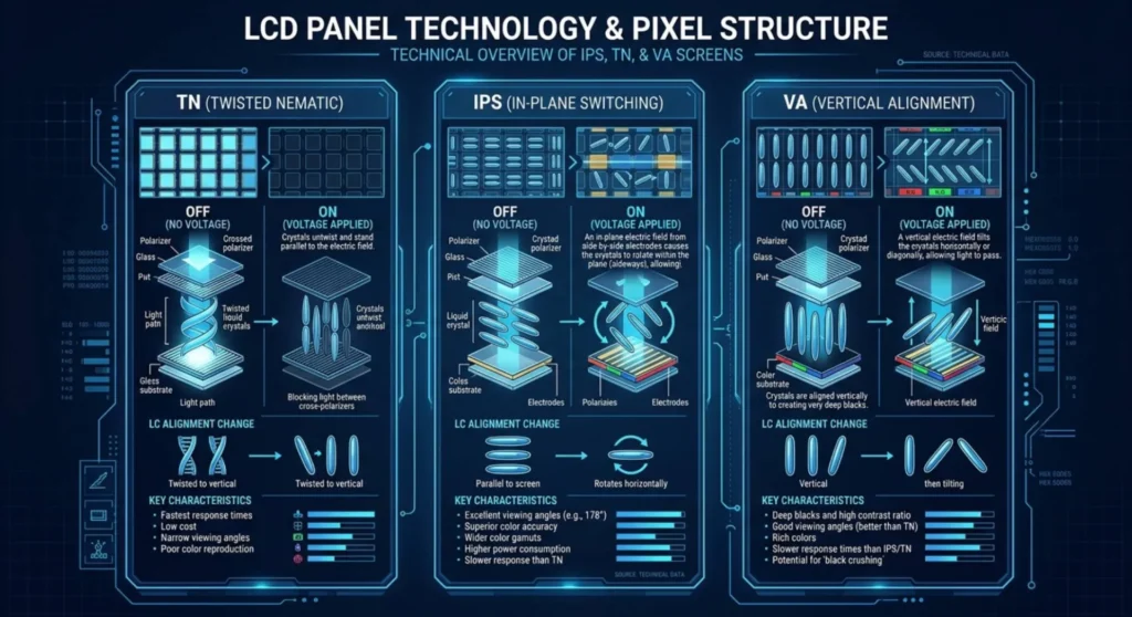 Technical diagram showing the microscopic liquid crystal alignment differences between IPS, TN, and VA gaming monitor panels