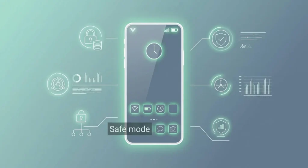 Technical graphic representing Android Safe Mode activation, illustrating the system loading without third-party app interference to isolate screen flickering causes