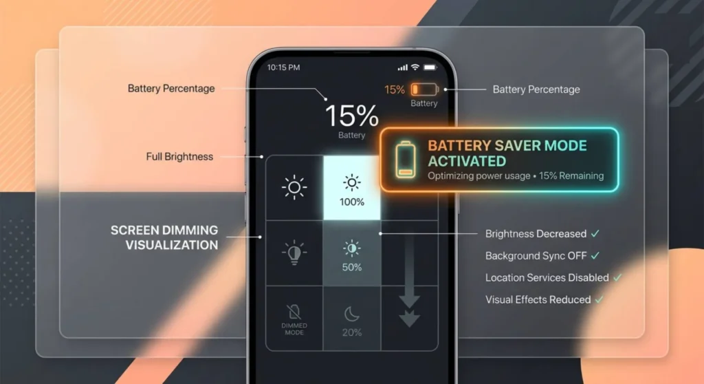 Technical graphic representing smartphone Battery Saver Mode activation, highlighting the automatic screen dimming at low battery percentages