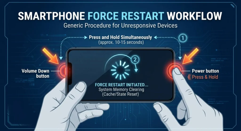 Technical illustration showing the physical button combination required to force restart a smartphone to clear frozen software processes