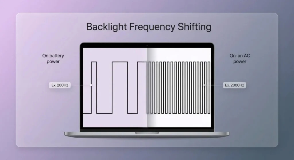 Technical infographic charting Pulse Width Modulation (PWM) frequency shift on a laptop screen, comparing low frequency on battery against high frequency on AC power