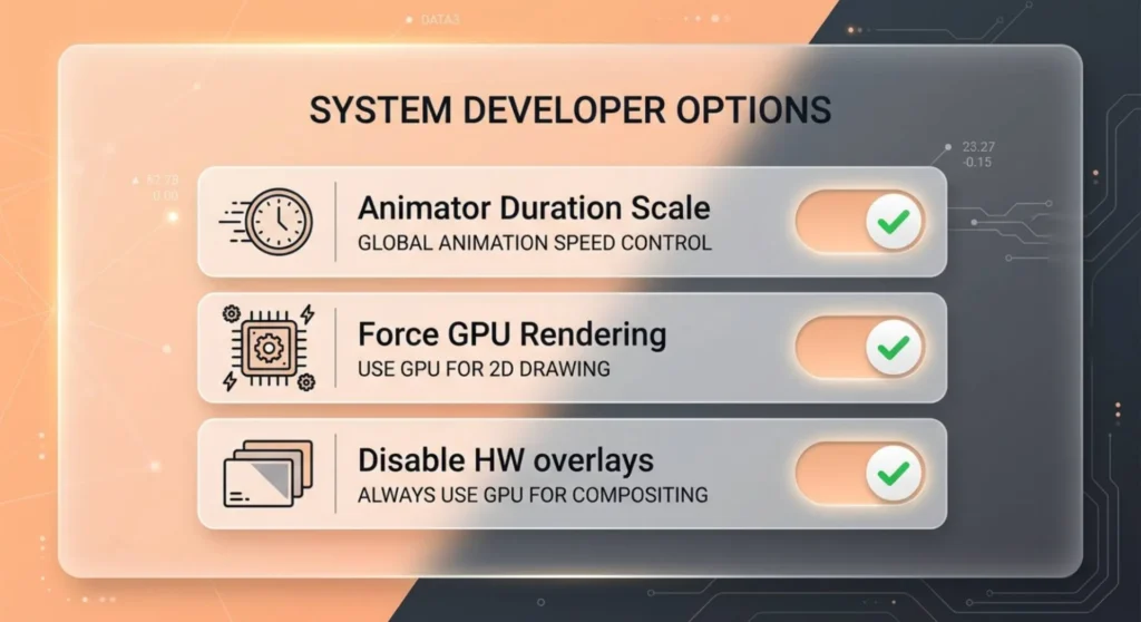 Technical infographic charting three critical Android Developer Options settings to check when screen flickering occurs after an update
