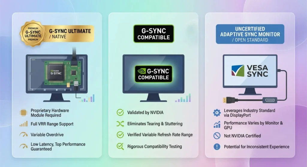 Technical infographic clarifying monitor certification tiers, comparing proprietary G-Sync hardware modules, G-Sync Compatible status, and open VESA Adaptive Sync standards