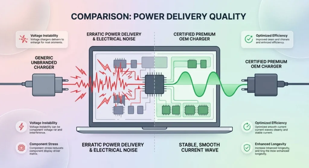 Technical infographic comparing electrical noise from a low-quality unbranded laptop charger against smooth current delivery from a certified OEM charger