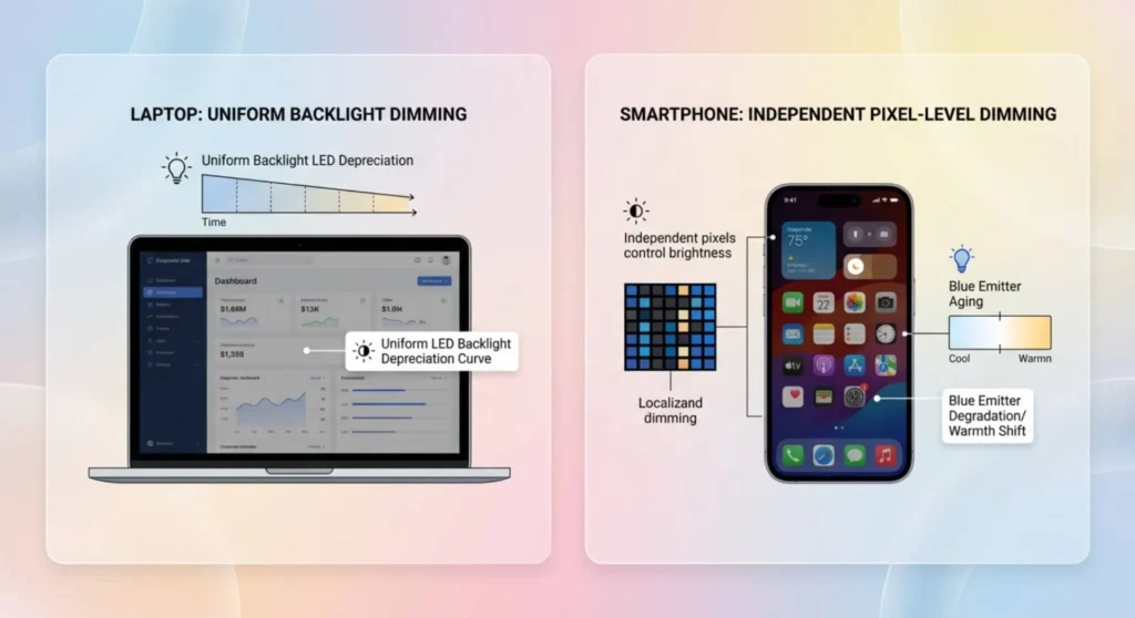 Technical infographic comparing luminance dimming between a laptop LCD uniform backlight and a smartphone AMOLED pixel-level blue emitter aging
