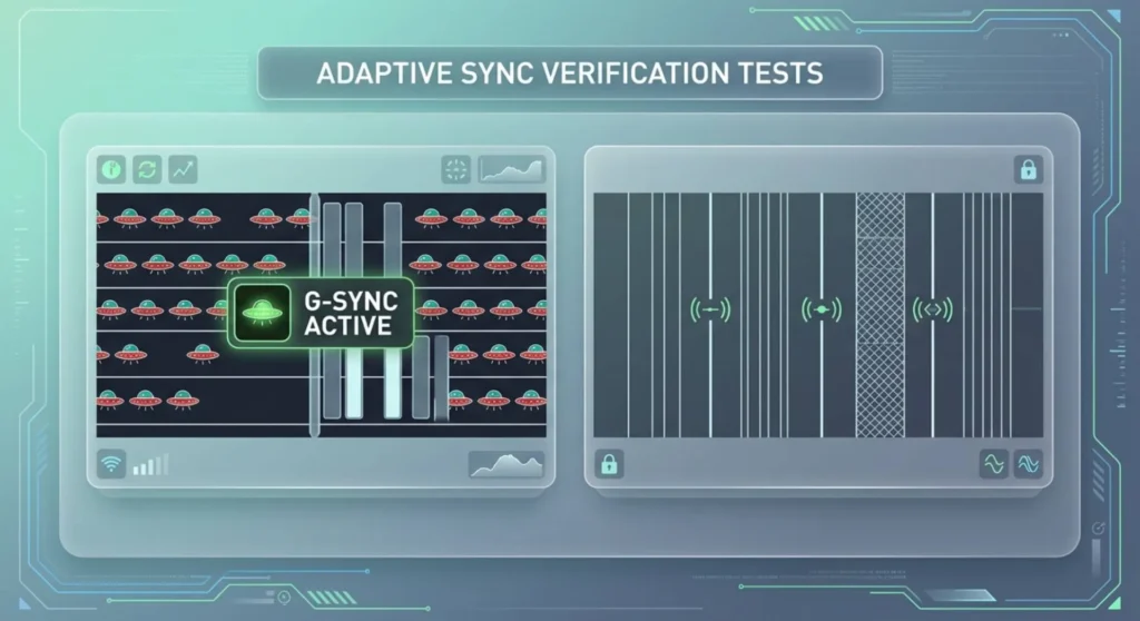 Technical infographic detailing adaptive sync verification methods, including the TestUFO moving pendulum simulation and the built-in G-Sync indicator overlay
