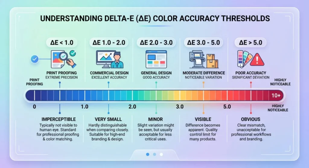 Technical infographic displaying Delta-E color difference scores and their acceptable thresholds for professional design and print proofing