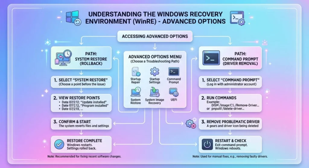 Technical infographic displaying Windows Recovery Environment options including Command Prompt for driver removal and System Restore tool