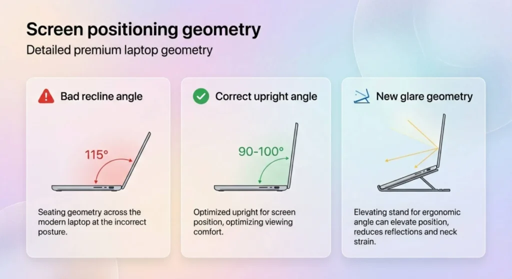 Technical infographic illustrating Level 2 screen positioning and angle optimization, comparing incorrect recline angles with ideal upright positions and using a laptop stand