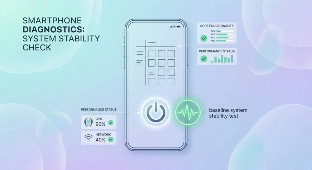 Technical infographic illustrating a basic Android diagnostic test sequence to confirm screen flickering causes after a system restart