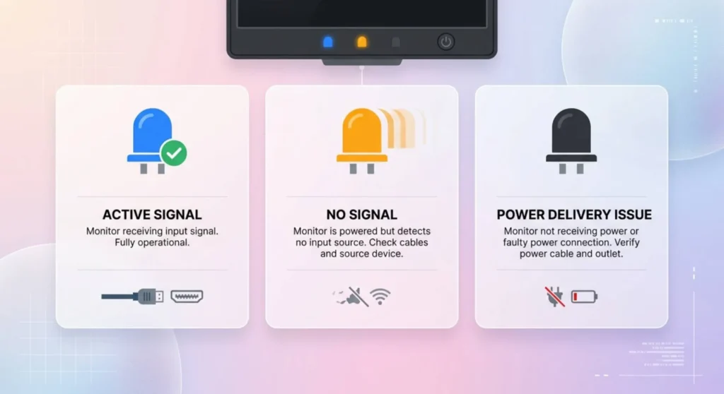 Technical infographic illustrating monitor power LED indicator states including solid blue signal active, blinking amber no-signal, and unlit power issue