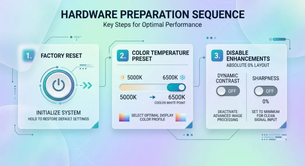 Technical infographic illustrating the initial monitor hardware setup steps including factory reset, color temperature selection, and disabling enhancements