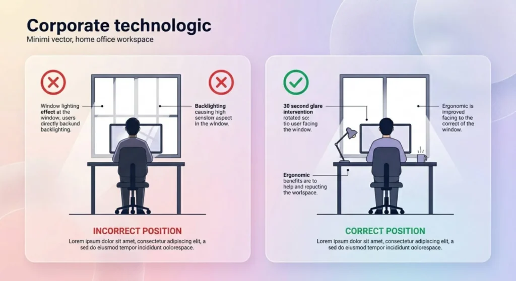Technical infographic illustrating the zero-cost workplace rearrangement, comparing a bad screen position relative to a window with an ideal glare-free position