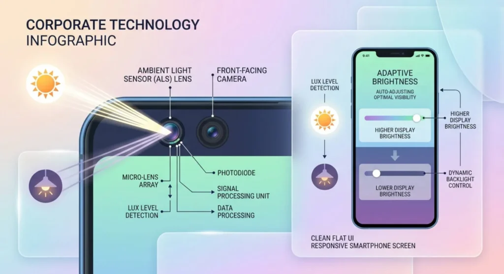 Technical infographic showing a smartphone's front ambient light sensor detecting different light conditions to automatically adjust the display brightness slider