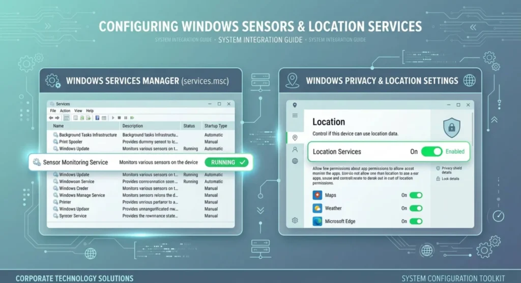 Technical infographic showing how to start the Sensor Monitoring Service and enable Windows Location Services for auto-scheduling