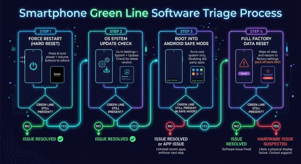 Troubleshooting flowchart illustrating software diagnostics for fixing smartphone green line display issues before replacing hardware