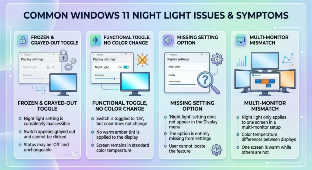 Troubleshooting infographic charting four distinct system symptoms when Windows 11 Night Light fails to activate or change display colors