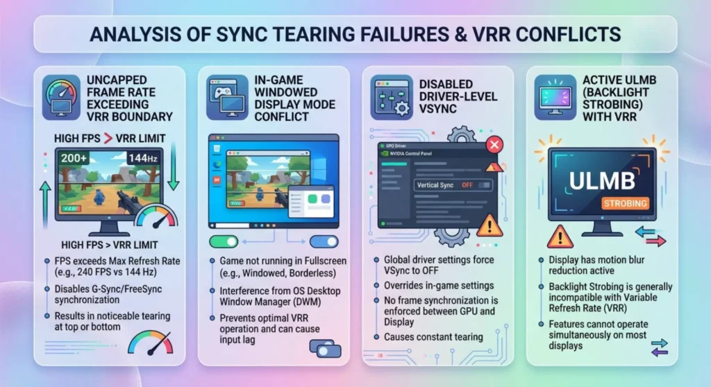 Troubleshooting infographic charting four specific configurations that produce screen tearing despite having adaptive sync turned on