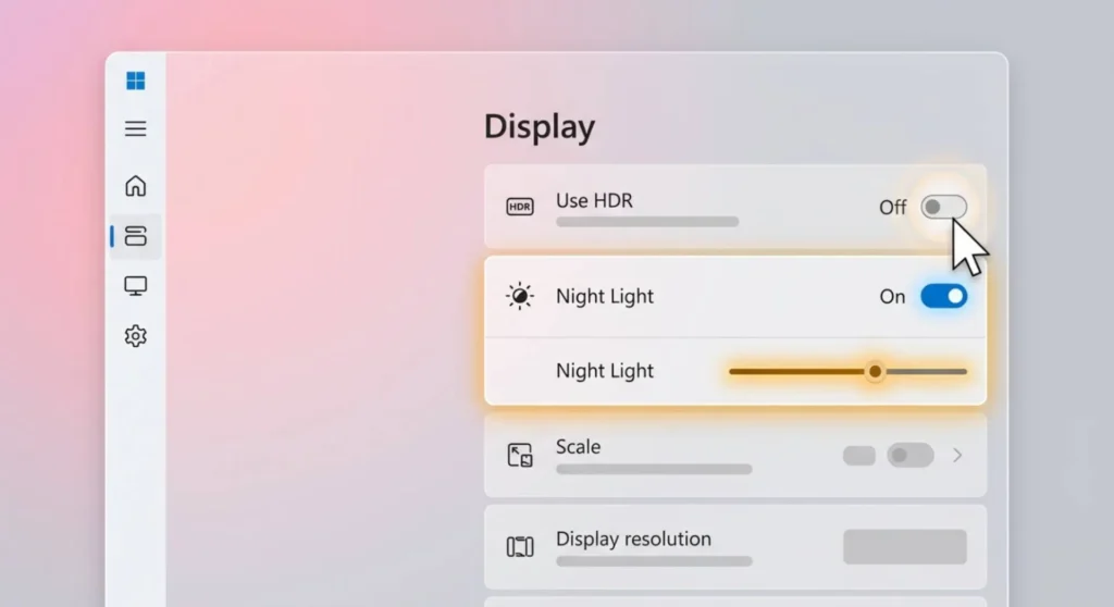 UI infographic detailing how to disable HDR in Windows 11 display settings to instantly fix a grayed-out Night Light toggle