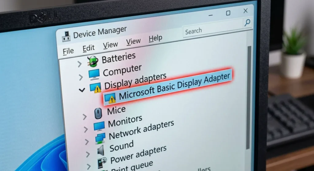 Windows Device Manager interface showing the Microsoft Basic Display Adapter active instead of a dedicated graphics card driver