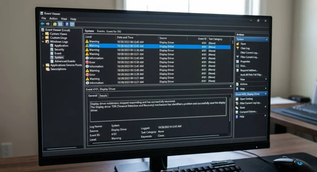 Windows Event Viewer system log screen displaying Event ID 4101 for display driver TDR diagnosi